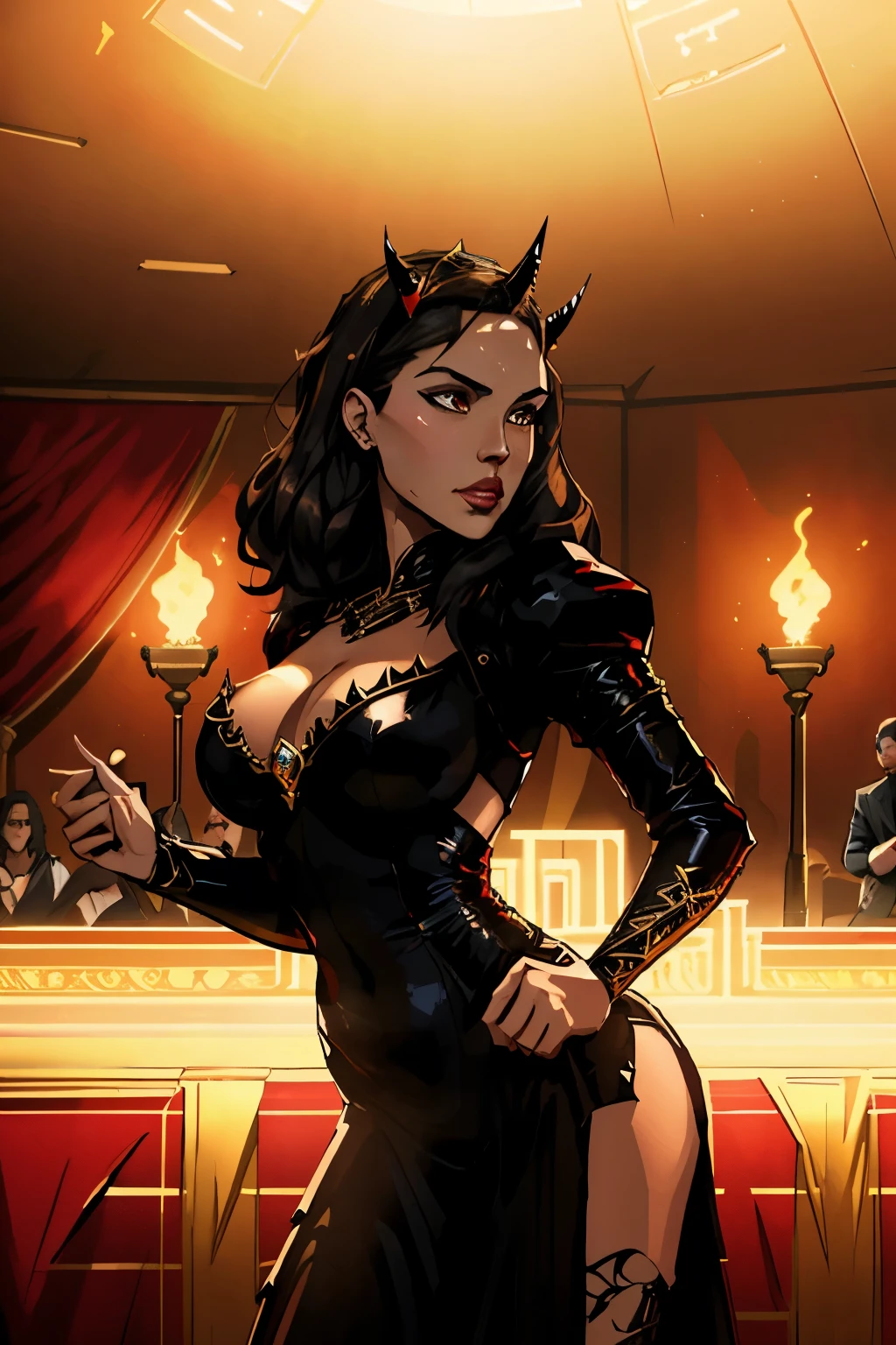 Lisa Ann ultradetailed: The Empress of Darkness, Background to the destruction of hell, devilish, Insidious, invincible, dark crown, Evil queen, black and red dress, demon wings on the back, Demon Horn, realistic detailed eyes, High quality shaded illustration of a cell in hell, all-body, dynamic pose, Perfect Anatomia, centred, , soul, approaching perfection, cell shading, 8k , cinematic dramatic atmosphere, Global illumination, detailed and intricate environment, art station, conceptual artwork, smooth, sharp focus, volumetric lighting, cinematic lighting