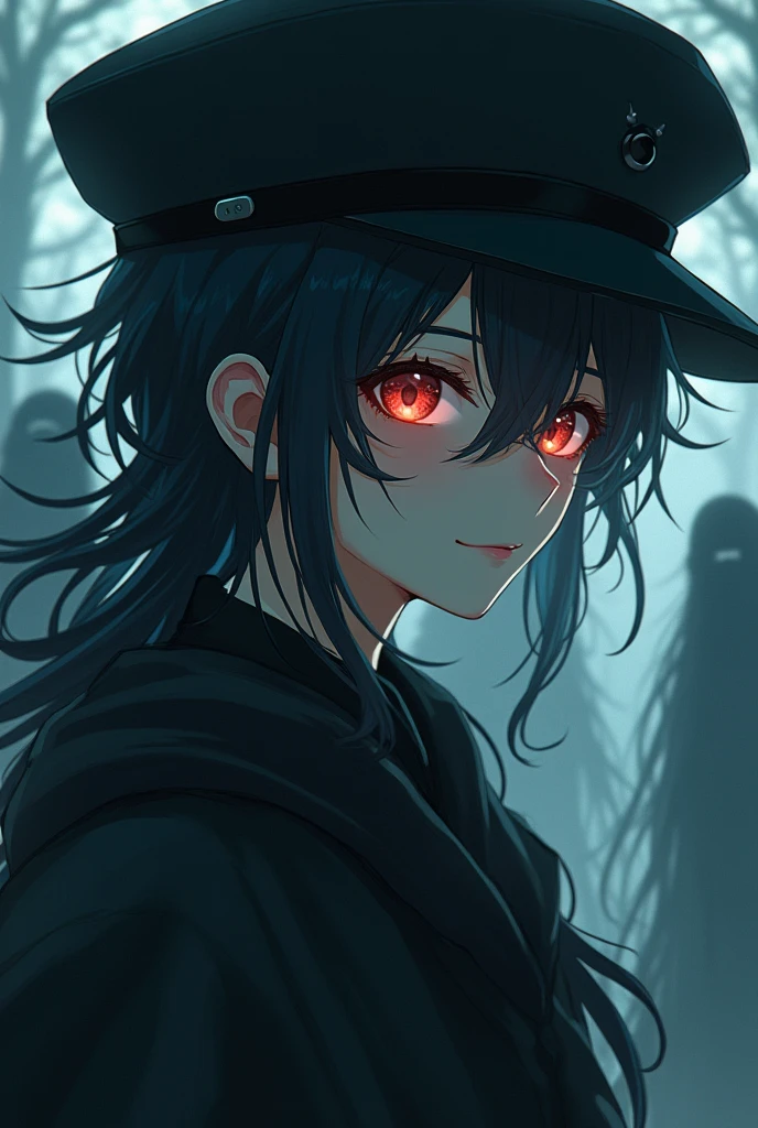 (animatedrealsm:1.1) make anime art of someone who has a soft boy appearance but has a slaughtering soul. The boy was wearing a tilted hat and had long, thick hair, fair skin and only his head and body were visible.