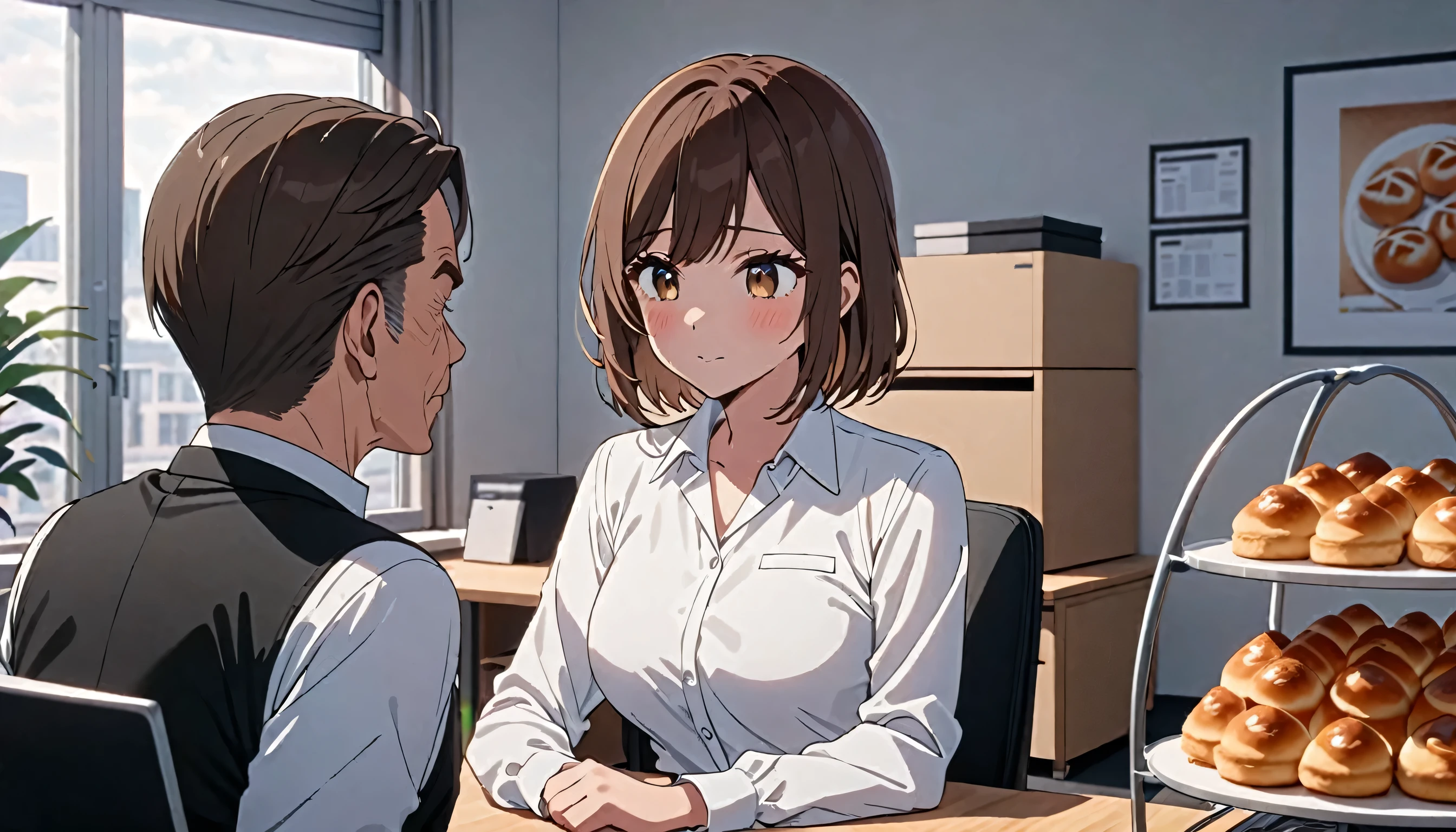 A young woman is being interviewed by the elderly male manager of a bakery., sitting opposite each other in the office, Woman wearing a white blouse, Brown short hair, high quality, masterpiece, 8k