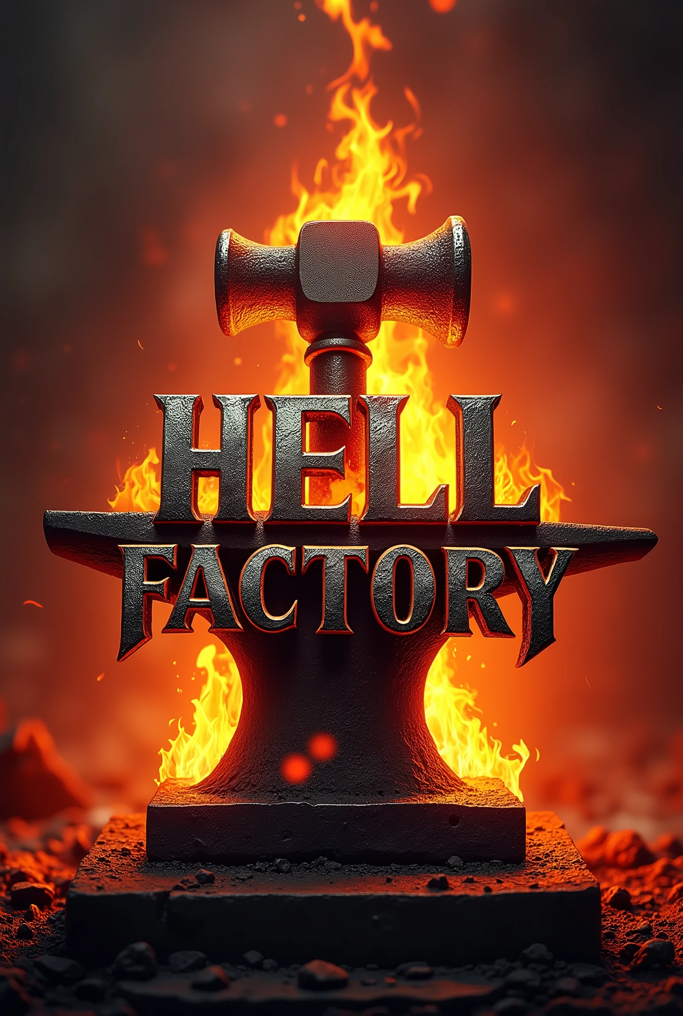 logo with hammer and anvil design with the words "hell factory" on a warm color palette associated with hell