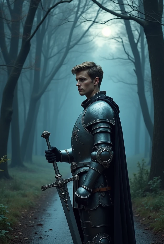 Europe, knight, sky, forest, road, 20-year-old man, stylish, beautiful in every detail, sword, armor, profile, night