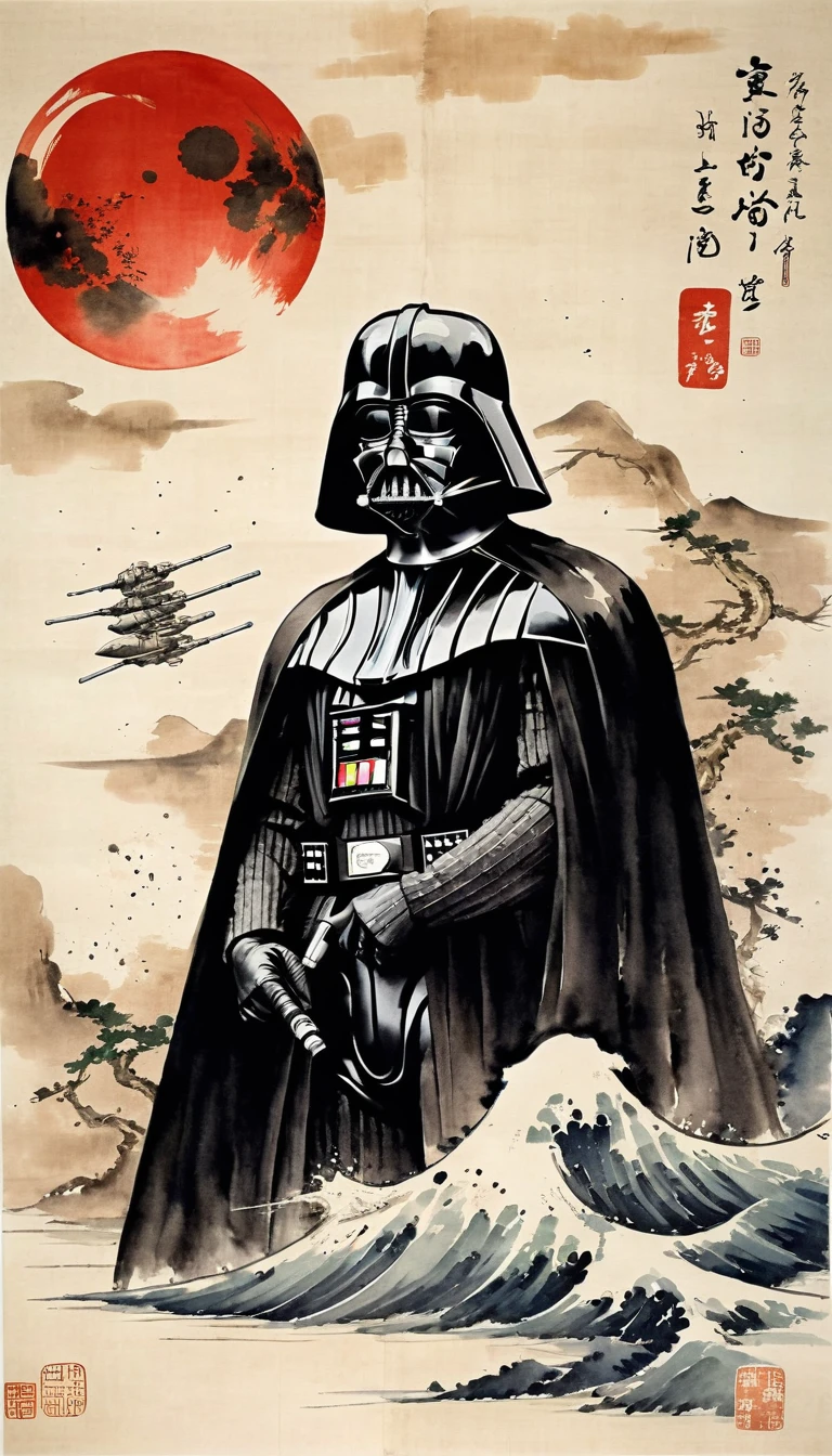 masterpiece,Drawing Darth Vader and the Death Star,Japanese paintings drawn with ink and water,(Beautiful gradation created by layering),(Tarashikomi technique),(dynamic)、Ink Painting、Ukiyo-e、Chinese character、Faded