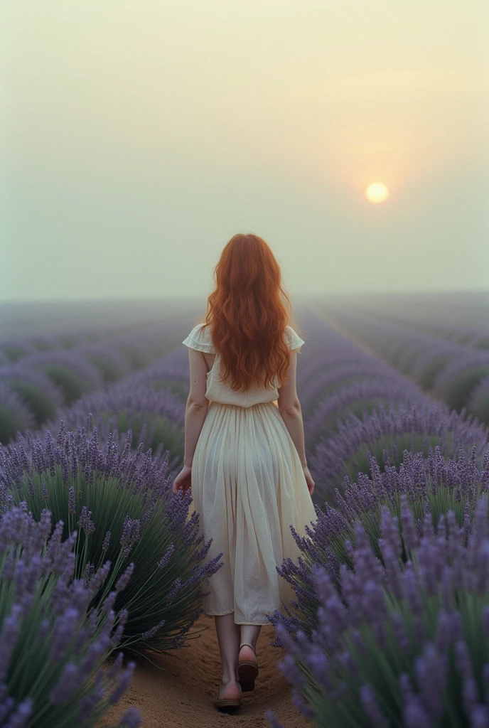 a girl, nearly , redheadwear, voile dress, walking through the lavender field in Provence. She looks at the flowers and tries to touch them. Very foggy at dawn. Apply Heavy Fog filter. haze. retro photography, David Hamilton Style. Analog photography. grainy. nymph