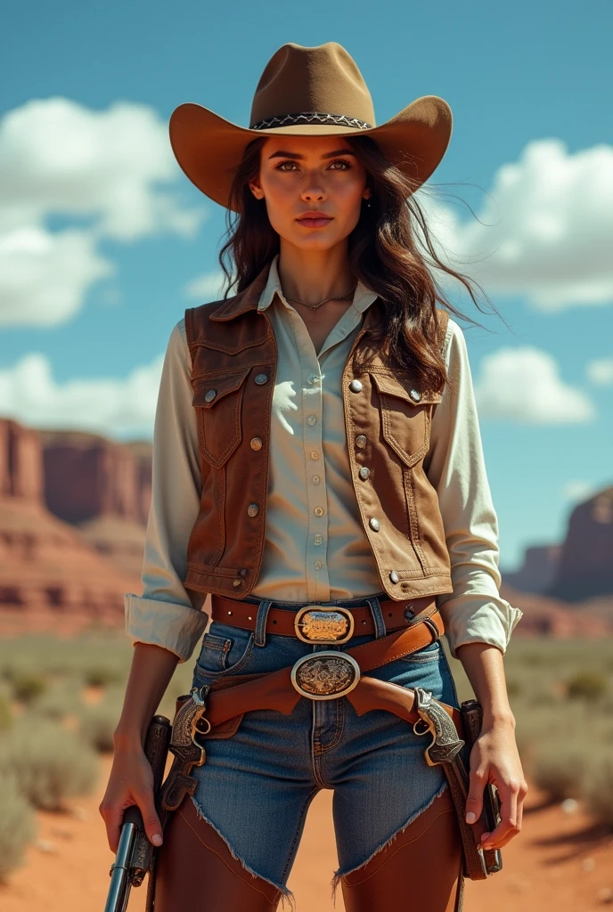 A highly detailed 4k ultra-high-definition image of a young woman dressed in full cowboy attire. She wears a traditional cowboy hat, leather vest, long-sleeved shirt, and chaps over denim jeans. She has a pair of well-worn cowboy boots with spurs, and a gun belt with two revolvers holstered at her hips. The image should capture the texture of the leather, the stitching on the boots, the sheen of the metal on the revolvers, and the shadows under the wide brim of her hat. Her stance is confident, standing in a rugged, western landscape with a clear blue sky. The colors should be vibrant, and every detail should be sharp and lifelike