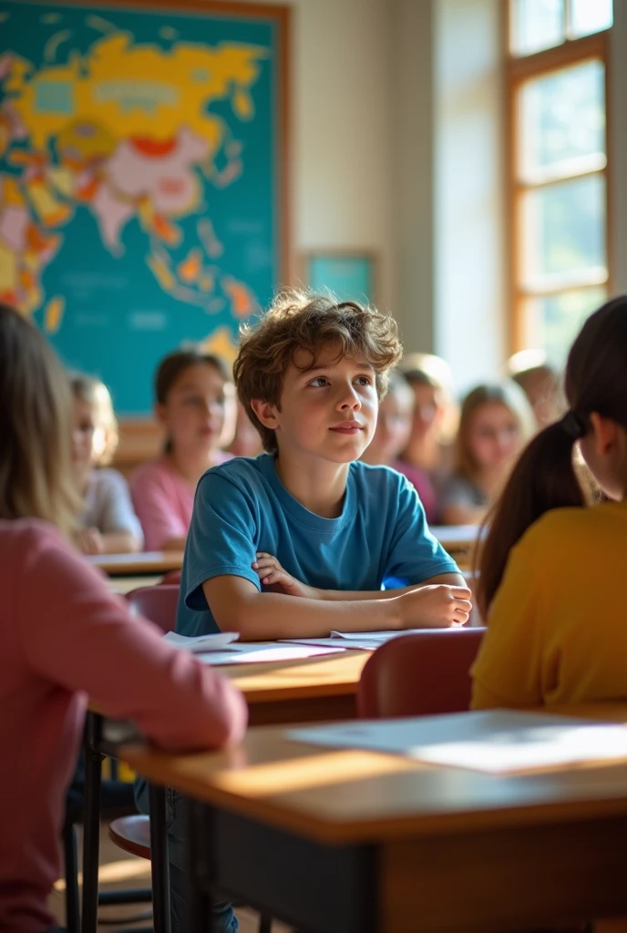 (photorealism:1.2), young man listening attentively to a teacher