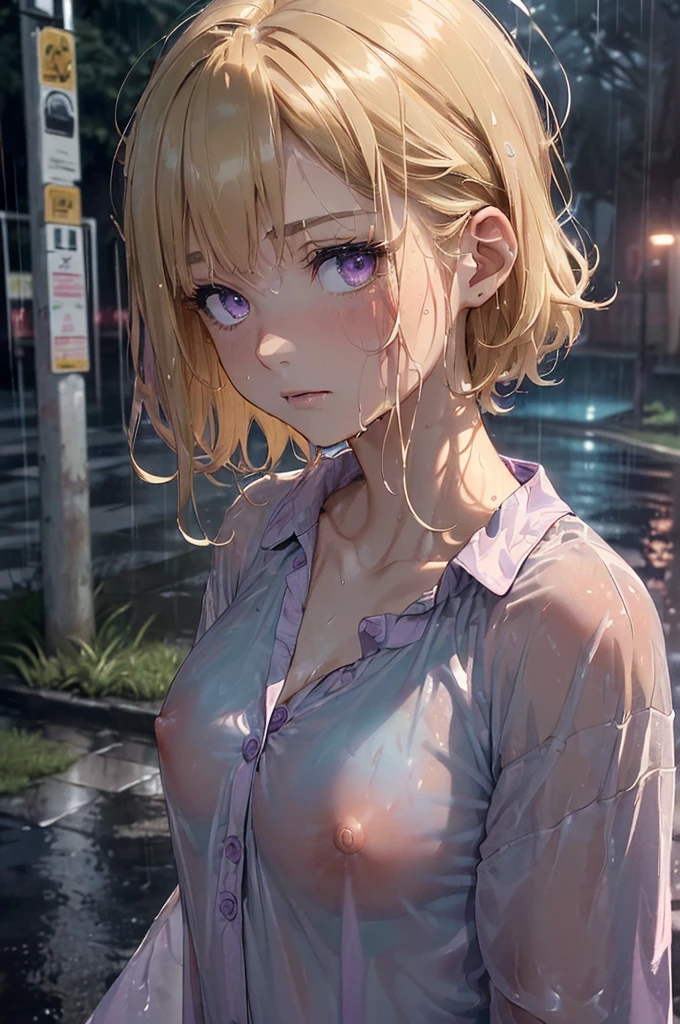 (master quality, amazing detail, amazing eyes), (((raining, heavy rain, soaking wet, very wet, drenched, lots of rain drops), ((depressed purple eyes)), 1girl, wearing nothing but a teal coloured buttoned-up pyjama top, (teal shirt, Teal coloured top, pyjama shirt, naked, with amazingly beautiful purple eyes, (short caramel-blonde hair), B-cup breasts, small chest, slender body, short hair, outside, nighttime, soaking wet, drenched with rain, raindrops, heavy rain, lots of rain, very dark, comfy looking pyjama top. very dark nighttime, the sole source of light is an amber street light, totally nude except for her soaking wet and detailed pyjama shirt, soaking wet, soaking wet hair, hair clinging to her face, dripping wet hair, water dripping off her soaked hair, street, pavement, town, (Very dark image, very dark nighttime, barely illuminated by dull amber light), short pyjama shirt, short buttoned pyjama top, detailed Pyjama top, (nipples peering through the wet fabric), very small chest, petit tits, B-cup breasts, covered chest, ((Tint chest)),