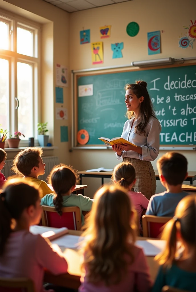 Give me an image that says the following:
I decided to be a teacher but it wasn't about kissing the teacher 