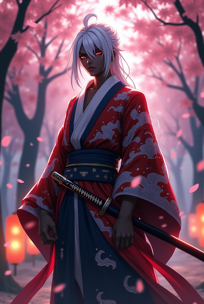 Personage of Kimetsu no Yaiba, White hair, Eyes red, skin black, half red nichirin sword, full body kimono robe