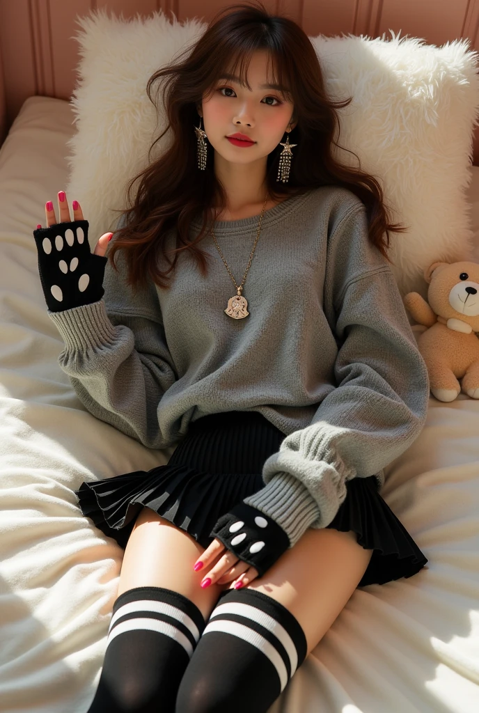 black thigh high with white strip , cat paws finger less glove, sweater, and mini skirt clothes on a bed with no one wear it