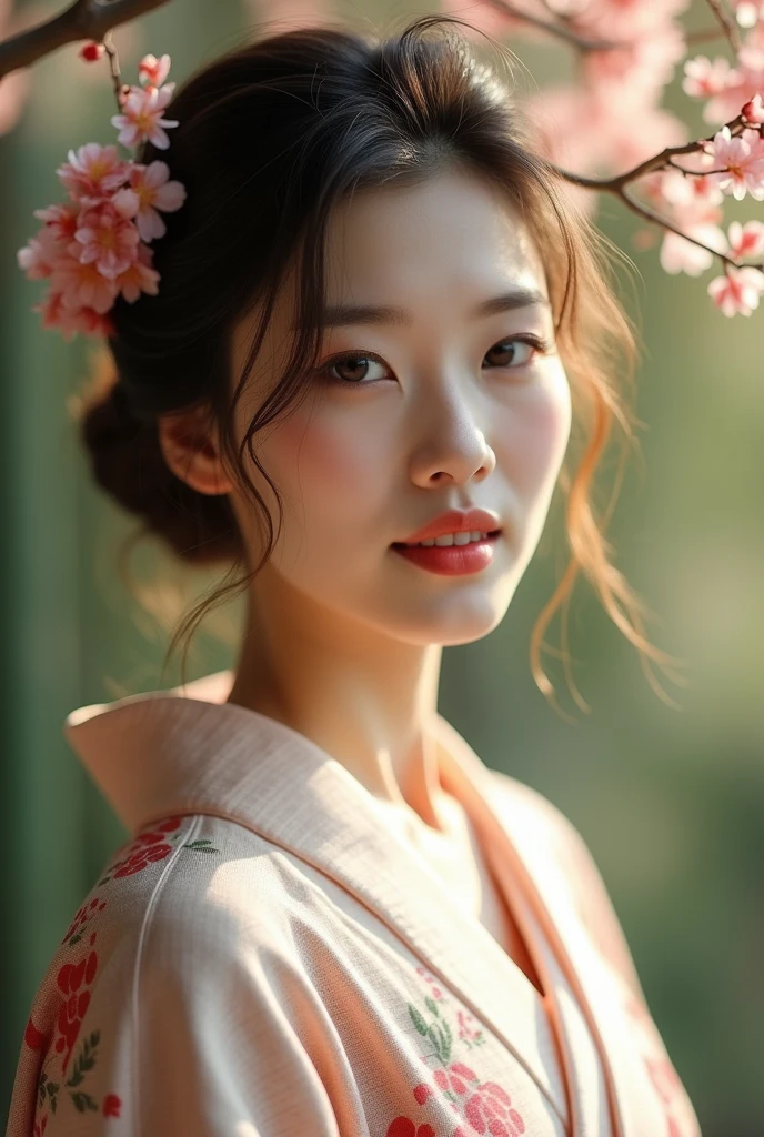 An elegantly dressed Japanese woman in natural light、A close-up of her chest and calm expression.、It shows her inner peace and outer charm.。