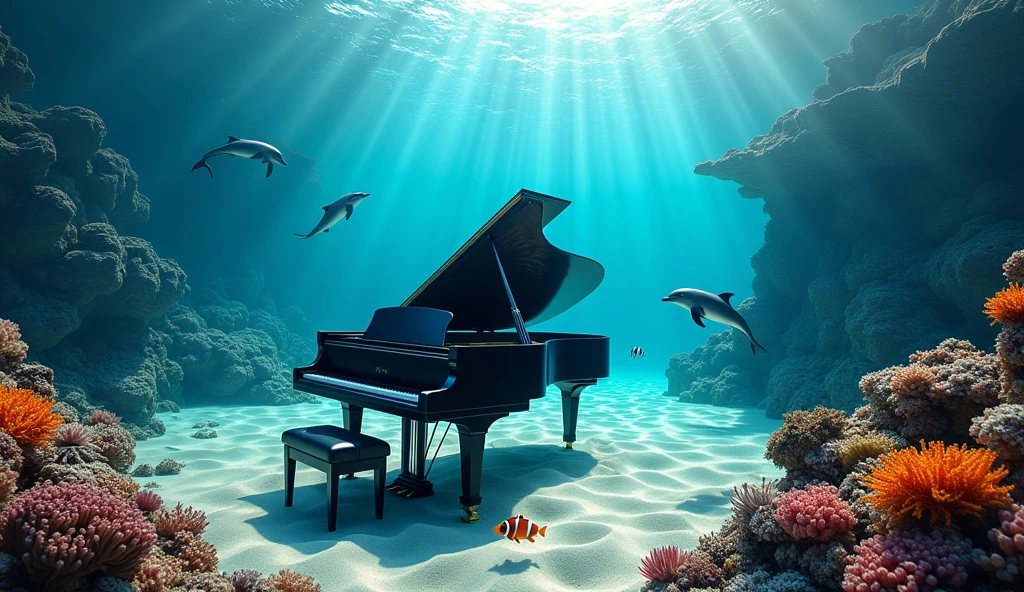seaweed、Two dolphins swim out from the depths, a sunken ship is visible. Colorful coral reef "A stunning underwater scene featuring a black grand piano resting on a sandy seabed. Several dolphins swim gracefully around the piano. Sunbeams filter into the clear water from the top right of the screen, creating beautiful patterns on the sand and piano. The overall atmosphere is tranquil and mesmerizing, with the piano standing out against the vibrant blue tones of the ocean. The dolphins are playful and inquisitive, enlivening the serene underwater environment. The image is realistic, capturing fine details of the piano, dolphins, and underwater light effects." A pair of clownfish swim gracefully around colorful coral. Change the composition to a top-down view