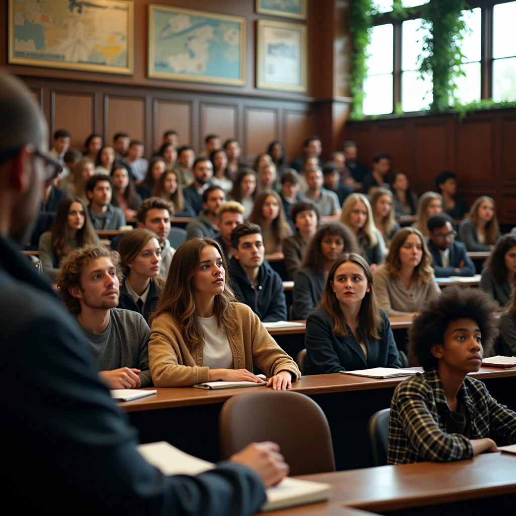 I need a classroom of students in a lecture hall, admiring and murmuring among themselves, looking uncomfortable at the university.