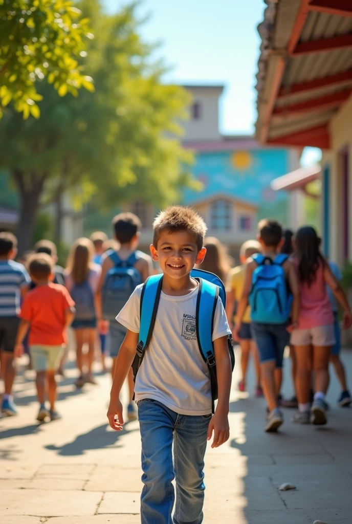 At 10 year old boy going to school with a bag blue colour bag on his back watching many people land making friends of his age by making handshake with them