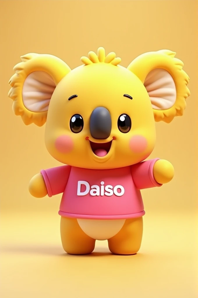 Create both a 3D render and a 2D illustration of a cute and cheerful yellow koala mascot for a store named 'Daiso'. The koala should have large, expressive eyes and a friendly smile. In both versions, it should be wearing a pink shirt with the hex color code #9e0d5c, and the 'Daiso' logo in bold white letters prominently displayed on the front. I am providing the Daiso logo as an image reference to ensure accuracy and consistency. The 3D model should have a soft, plush texture to appear huggable and inviting, with rounded, smooth features, and vibrant colors. The 2D illustration should be cartoonish with rounded features, vibrant colors, and a simple, playful design. The 3D version should have soft, even lighting to create a warm and welcoming atmosphere, while the 2D version should have a clean, simple background to keep the focus on the mascot. Ensure both versions maintain a consistent style and color palette, making the koala appear equally charming and approachable in both dimensions.