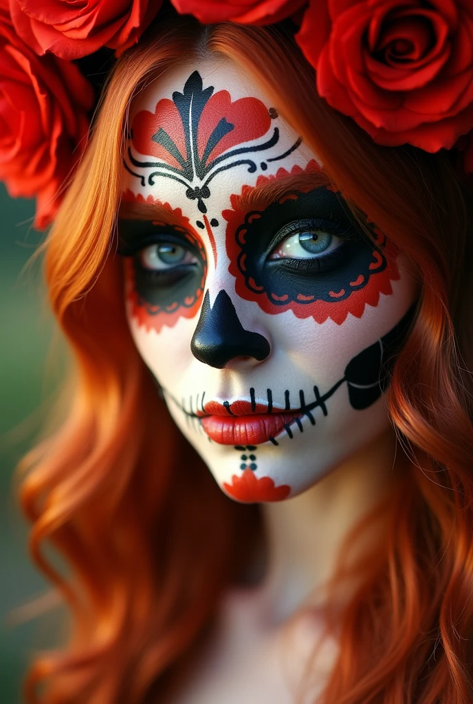 close-up photo of the face ,beautiful redhead with mexican skull painted face, new, skin fair
