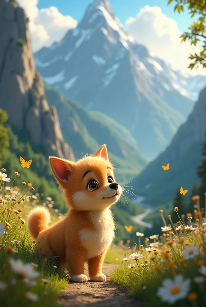 Disney Pixar style .A fluffy little dog lost in the mountains
