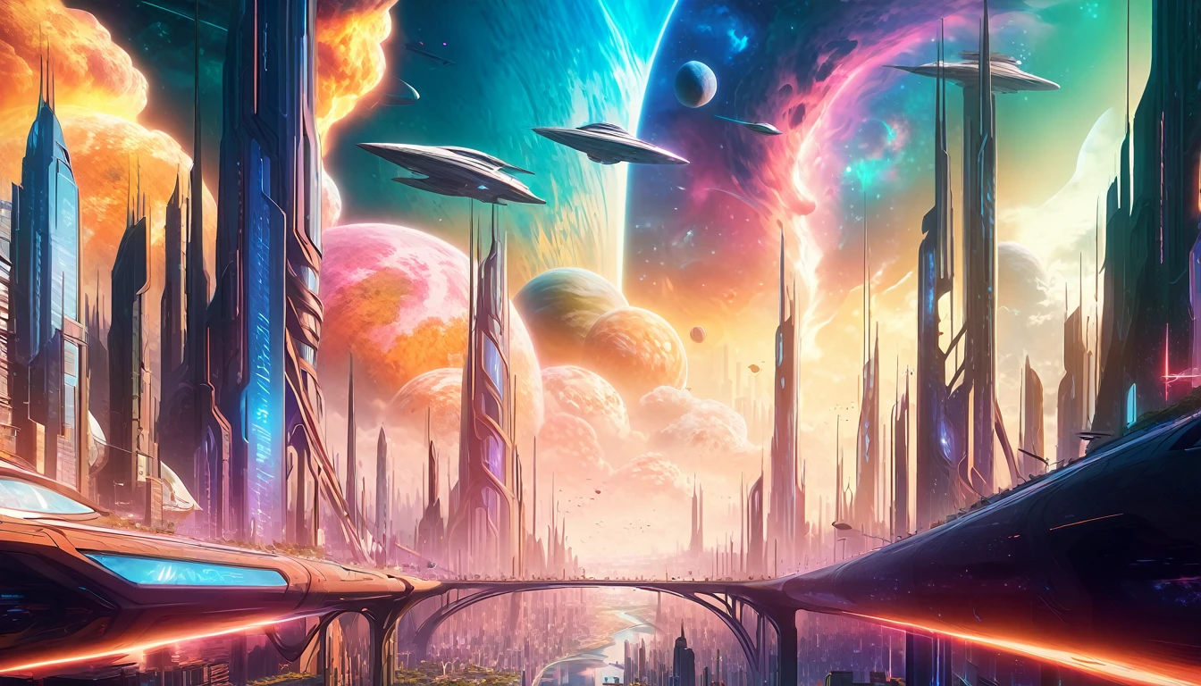 Vibrant nebula cores in the background, futuristc city, a beautiful planet occupying the sky, spaceship hovering over the city