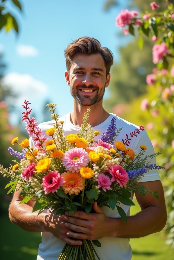 "Baboo good morning" written on flowers bouquet holded by a handsome,tall man.