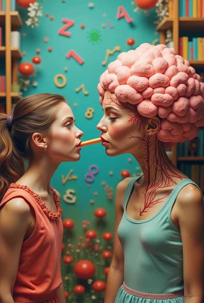 an attractive super genius woman with a huge straining throbbing beachball sized forehead that towers above her is sipping on another woman’s forehead through a straw, she has a few thick veins on her detailed forehead
