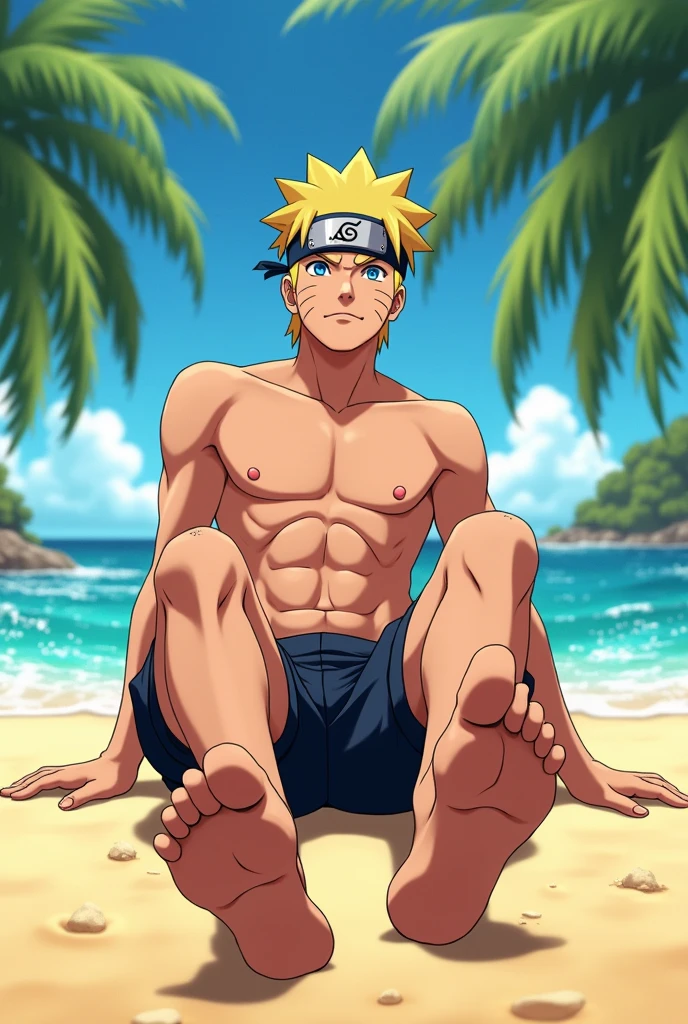 Detailed realistic HD animation image of Naruto Uzumaki's bare feet sitting on the beach, full body shirtless. to be seen from the front, with detailed highlights and shadows, showing the plants of his feet 
