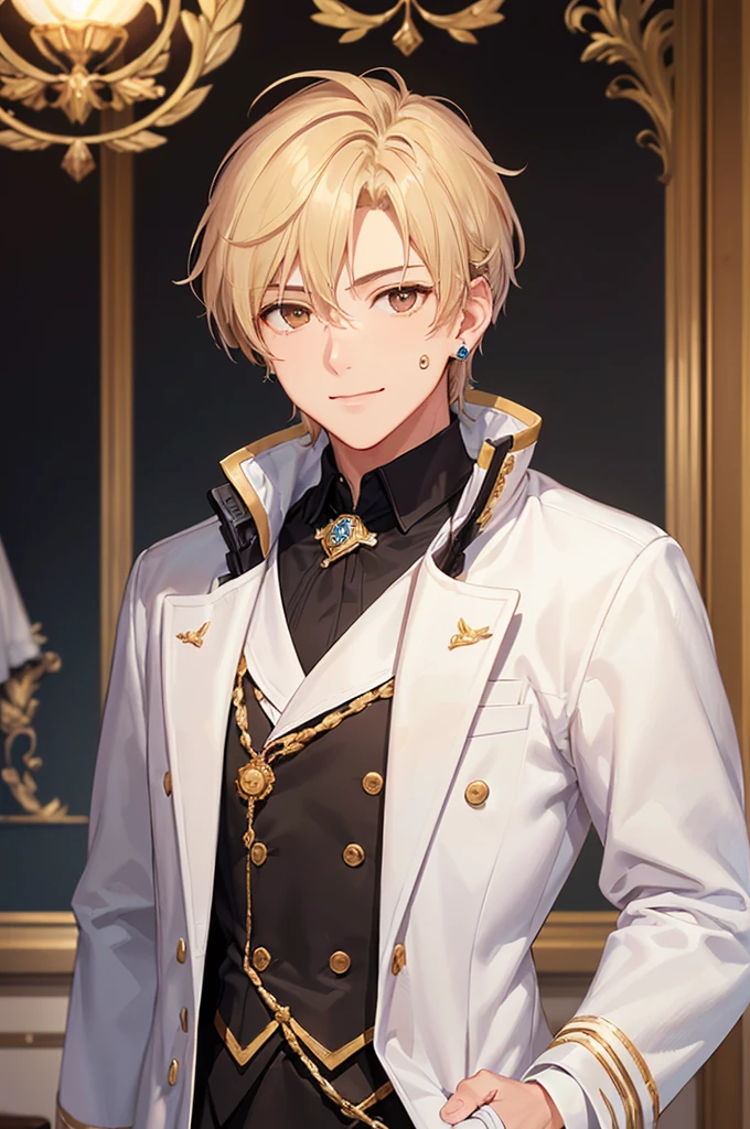(((masterpiece; best quality: 1.2))), (detailed eyes: 1.3), ((ung man)), ((solo)), (brown eyes: 1.4), (body shape; lean, masculine, manly face: 1.3), (short blond hair: 1.3), (clear background: 1.2), ((depth of field)), (equipment: masculine noble garb + white overcoat + black shirt + jabot + justice balance insignia + black stud earring: 1.3), (anime illustration: 1.2), (background composition; fantasy manor interior + furniture: 1.1), (handsome: 1.1), (shot composition; standing + centered on face + bust close-up: 1.5), (facial expression; calm + smile: 1.2)