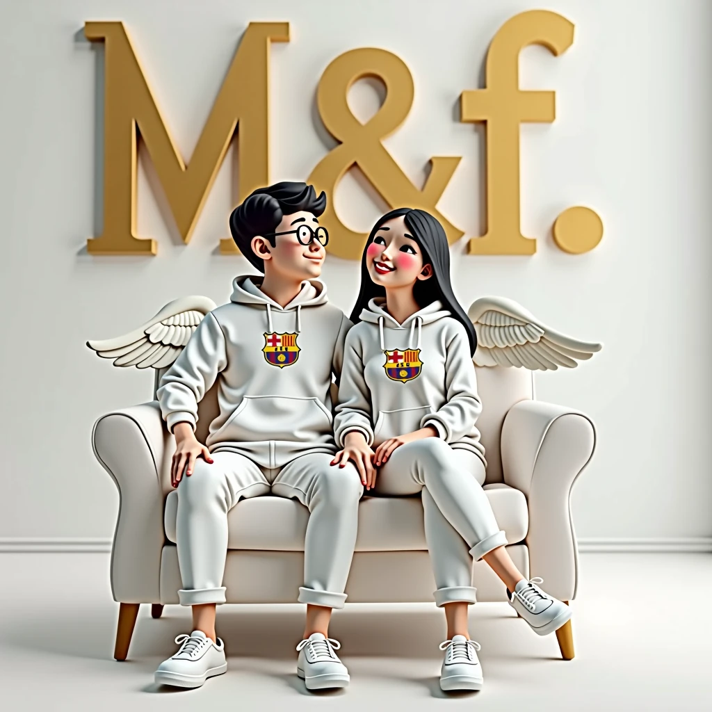 create a realistic 3D image of a couple casually dressed in white sitting on an armchair, wearing a Barcelona FC hoodie, shoes and glasses. The boy is looking forward, the background shows M&f.   in large, capital gold letters on the white lighting wall. There should be no shadows and wings should be added to make it look like he and she are an angel.