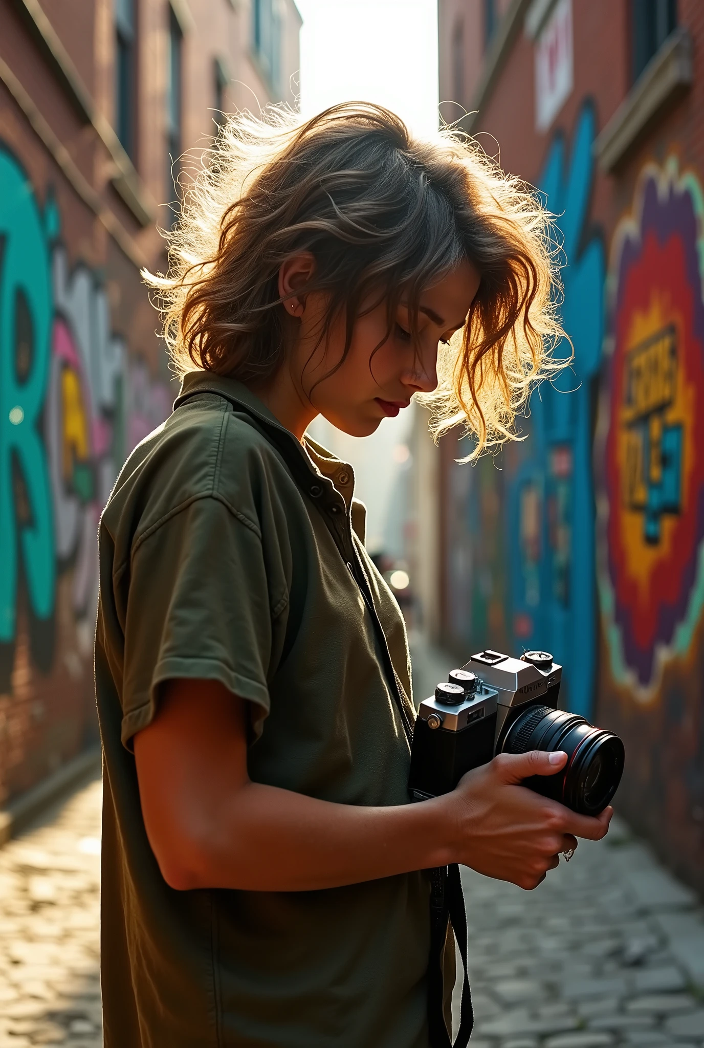 Un personnage avec un appareil photo a mains droite et tête baissée, il a beaucoup de cheveux