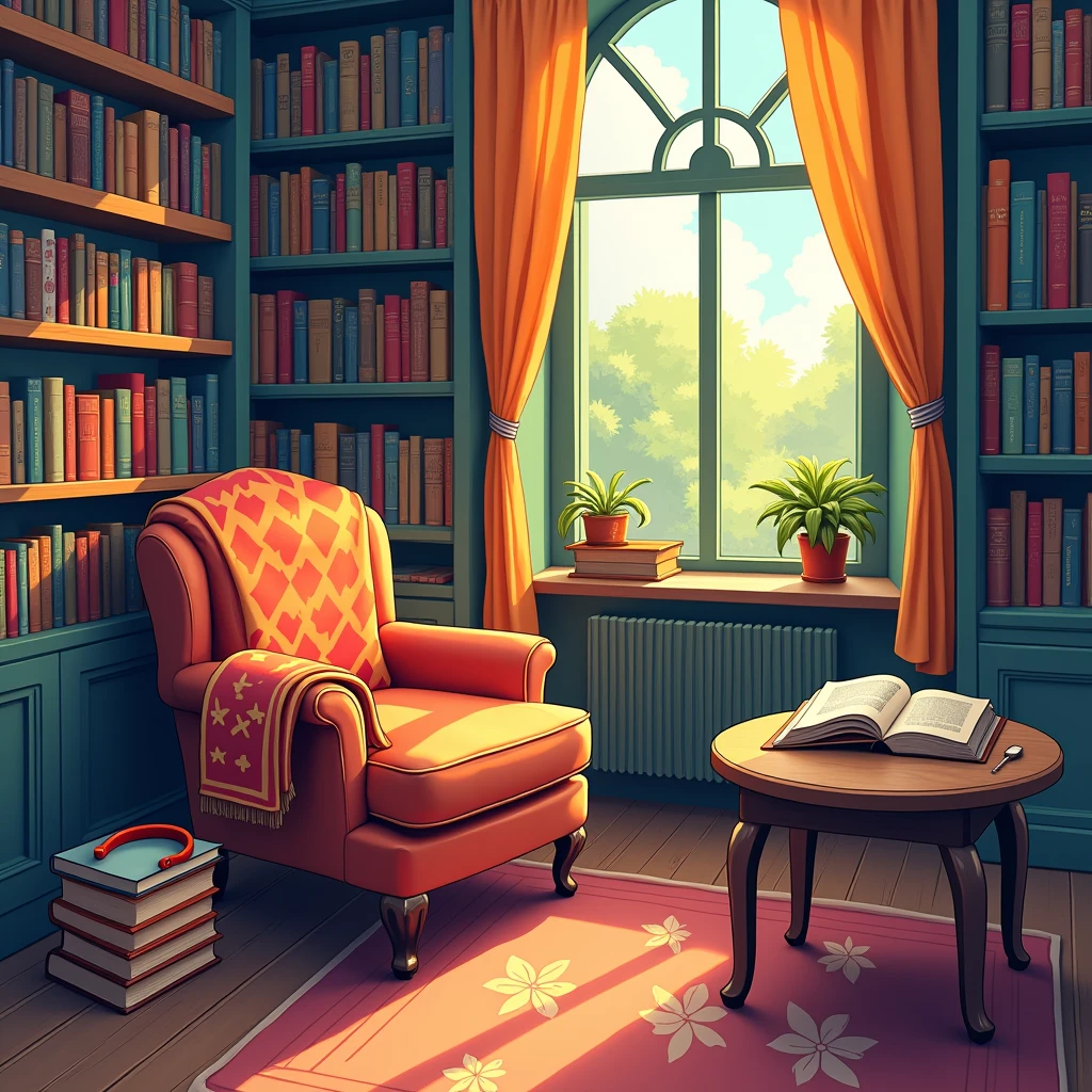 Create a vibrant and engaging illustration that captures the essence of "Books & Audiobooks." The scene should feature a cozy reading nook filled with an array of colorful books stacked on shelves, alongside a comfortable armchair. Include a pair of headphones resting on a nearby table, symbolizing audiobooks. Sunlight should filter through a window, casting warm light on the pages of an open book. The atmosphere should evoke a sense of tranquility and joy, inviting viewers to immerse themselves in the world of literature.Write Books & Audiobooks  in the top of the image.