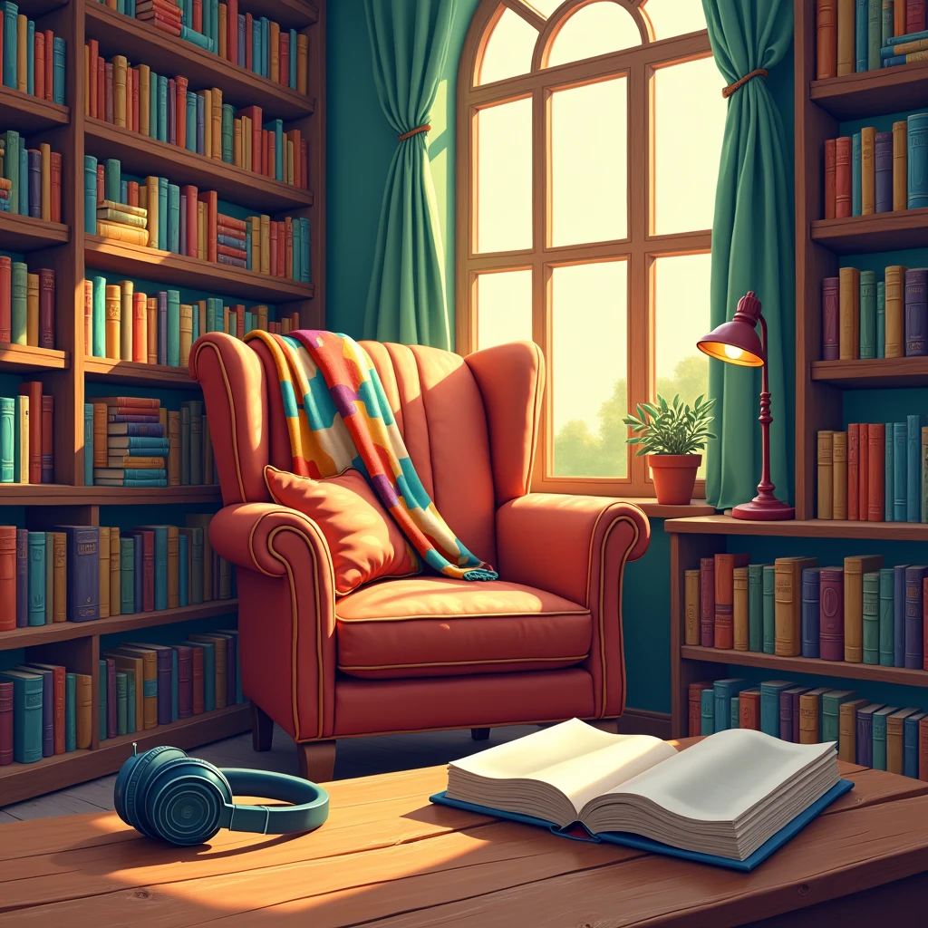 Create a vibrant and engaging illustration that captures the essence of "Books & Audiobooks." The scene should feature a cozy reading nook filled with an array of colorful books stacked on shelves, alongside a comfortable armchair. Include a pair of headphones resting on a nearby table, symbolizing audiobooks. Sunlight should filter through a window, casting warm light on the pages of an open book. The atmosphere should evoke a sense of tranquility and joy, inviting viewers to immerse themselves in the world of literature.Write Books & Audiobooks in the top of the image.