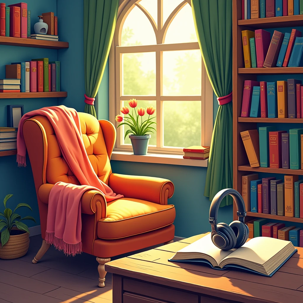 Create a vibrant and engaging illustration that captures the essence of "Books & Audiobooks." The scene should feature a cozy reading nook filled with an array of colorful books stacked on shelves, alongside a comfortable armchair. Include a pair of headphones resting on a nearby table, symbolizing audiobooks. Sunlight should filter through a window, casting warm light on the pages of an open book. The atmosphere should evoke a sense of tranquility and joy, inviting viewers to immerse themselves in the world of literature.Write Books & Audiobooks  in the top of the image.