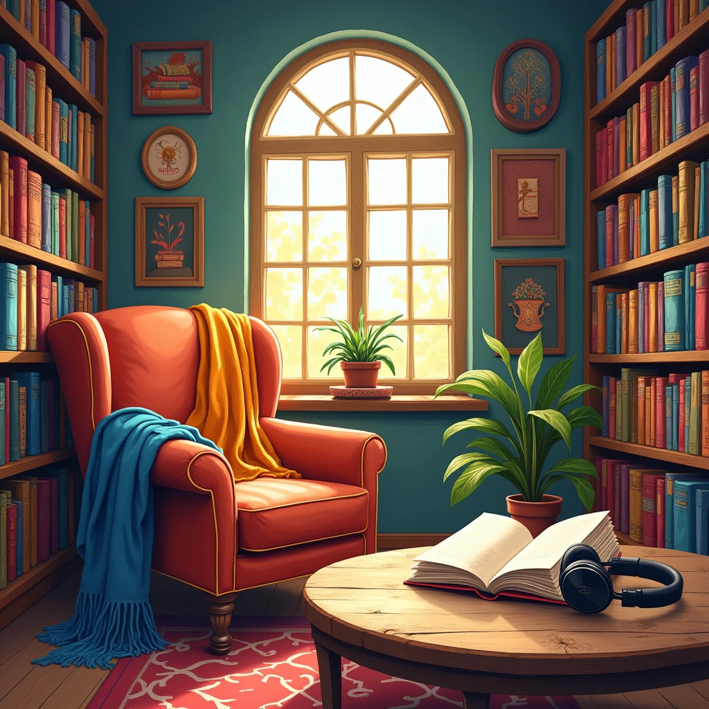 Create a vibrant and engaging illustration that captures the essence of "Books & Audiobooks." The scene should feature a cozy reading nook filled with an array of colorful books stacked on shelves, alongside a comfortable armchair. Include a pair of headphones resting on a nearby table, symbolizing audiobooks. Sunlight should filter through a window, casting warm light on the pages of an open book. The atmosphere should evoke a sense of tranquility and joy, inviting viewers to immerse themselves in the world of literature.Write Books & Audiobooks in the top of the image.