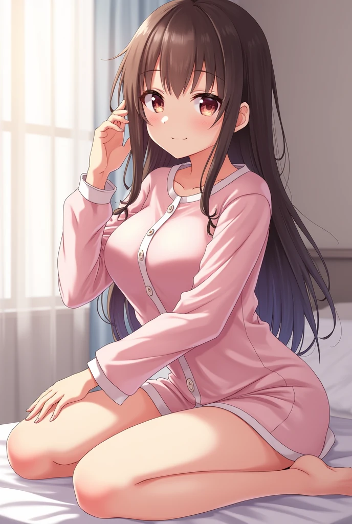 An anime girl in pajamas touching herself
