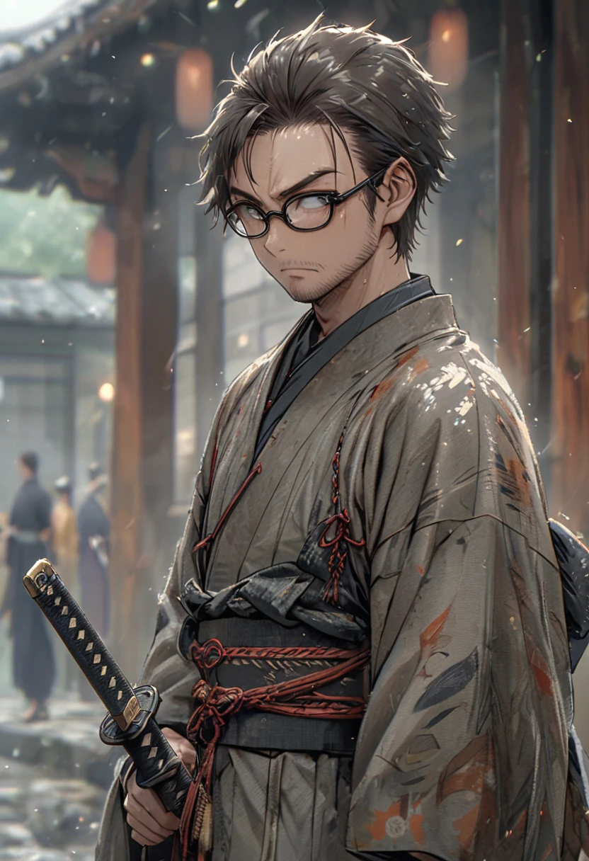 Anime, male, short dark brown hair, black rimmed glasses, holding a black katana, wearing a kimono, 