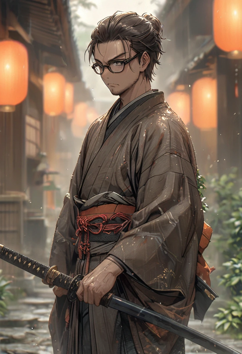 Anime, male, short dark brown hair, black rimmed glasses, holding a black katana, wearing a kimono, 