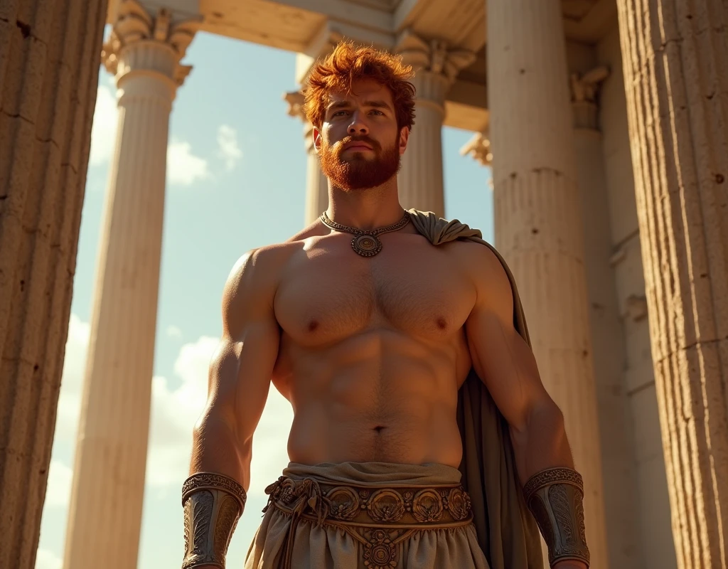 realist, (masterpiece), (photorealist:1.3), ultra detailed, (high detailed:1.2), (Best Quality:1.0), manly face, muscular, Tall Man, Red hair, chest hair, A man in royal costume, 35 years, covered in a small insulting armor, elegant, full body character sheet, big bulge in crotch, MUSCLE BODY, full body view, inside a Greek Temple, loincloth made of very fine thread, Haircut, Wonderful lighting.