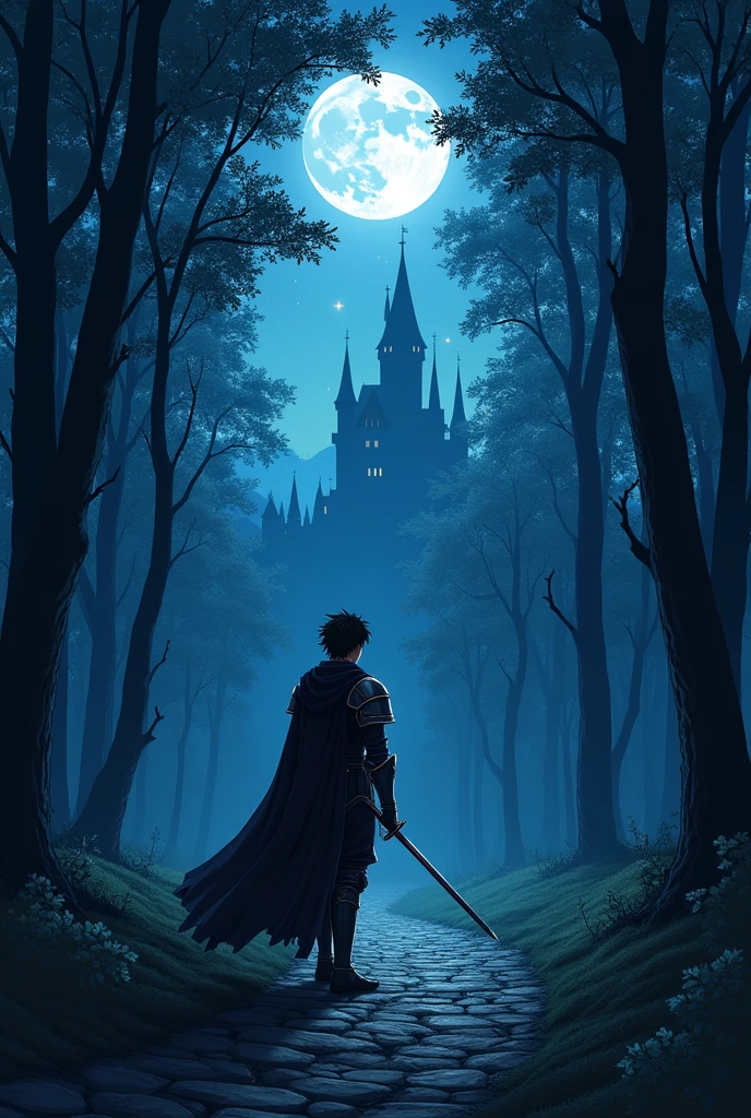 Knight, empty forest, castle, path, 20 year old male, manga-like, stylish, beautiful detail, sword, profile, night