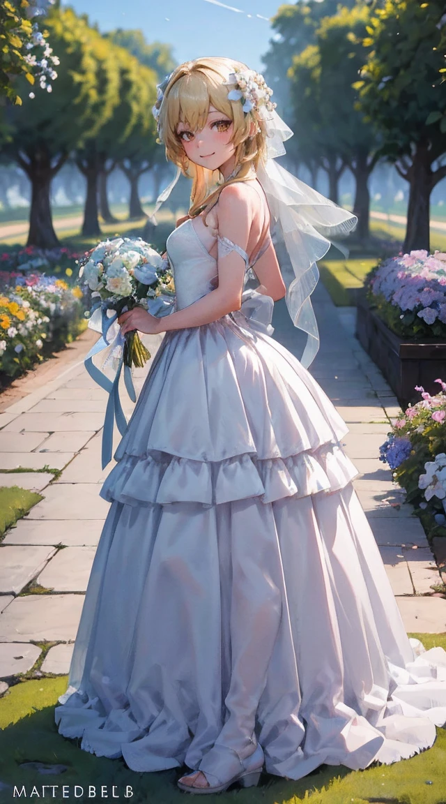 Light | Genshin Impact, masterpiece, Highest quality, One person,Age 25, Proportion body, Proportion., Mermaid wedding dress, White Wedding Dress, Long skirt, wedding, Medium chest, ,only, Standing in the middle of a flower garden, Outdoor, wedding, The sky is beautiful, holding a bouquet of flowers in both hands............, Facing the viewer., Thigh straps, Tilt your head, boredom, 10, 10, High resolution, smile,