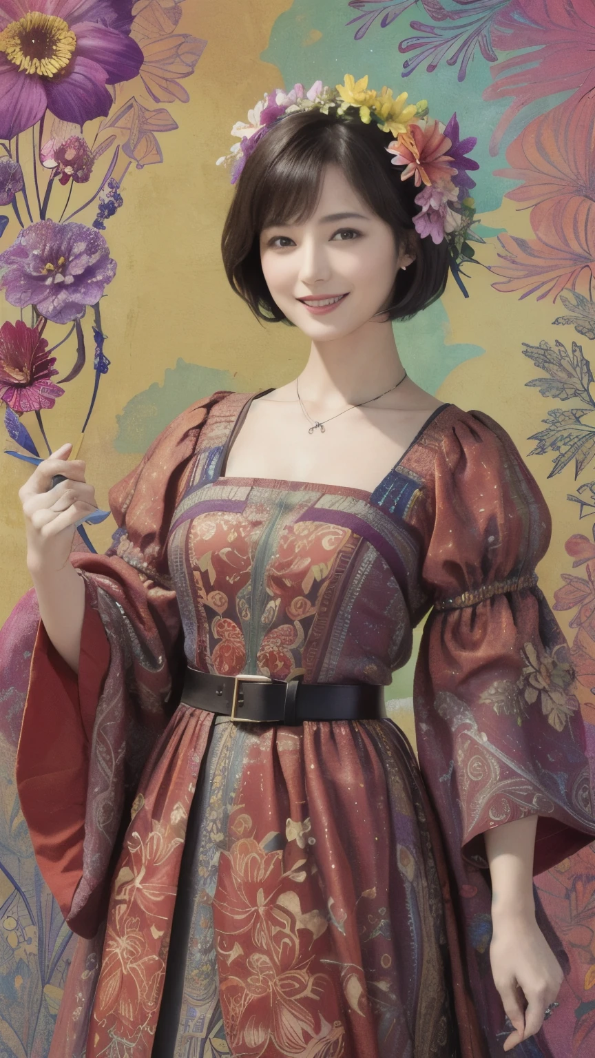 272 (20-year-old woman,short hair), (masterpiece, Highest quality, beautiful:1.2), Very detailed, (Fractal Art:1.1), (colorful:1.1), (flower:1.3), whole body, (Abstract background:1.3), (Many colors:1.4), (Old-fashioned smile), (Hawaii)