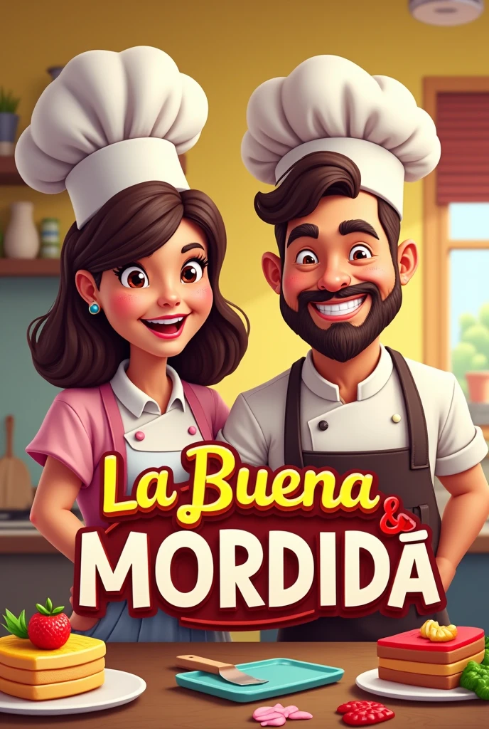 Young couple chef cake and skewer logo for a fast food restaurant named La Buena Mordida