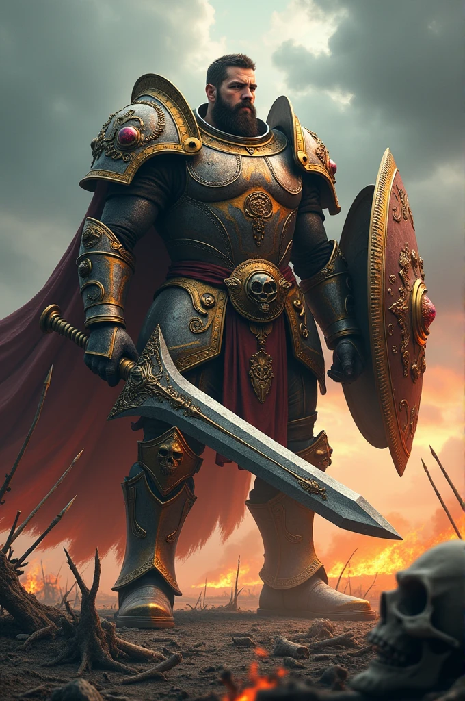 a young giant in the middle,  with armor and a shield with rubies and a large sword studded with skulls and bones on it