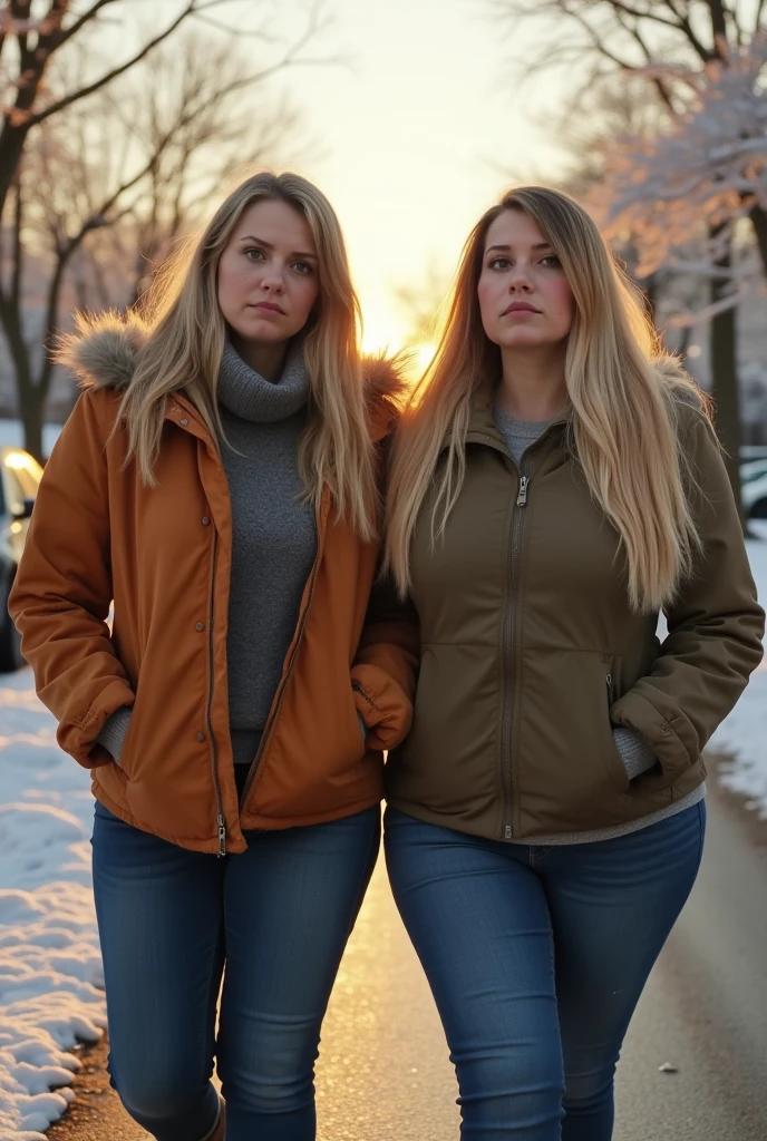 Two chubby woman, 40 years old white Caucasian woman walking outside, day time, Mississippi, Gulfport, cold winter day, long straight blonde messy hair, casually and daily dressed, big hips, thick thighs, casual winter clothed, natural big breasts, Full Body Shot, From Above View, High Angle View, selfie, serious, selfie point of view, acne face, cleavage