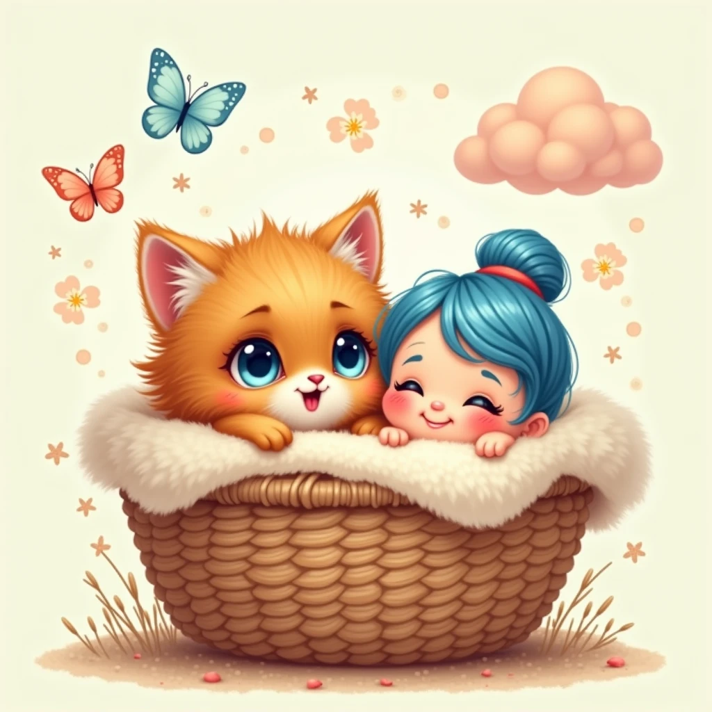 A cartoon caramel Persian kitten with bright blue eyes in a beautiful basket with a baby girl with blue hair