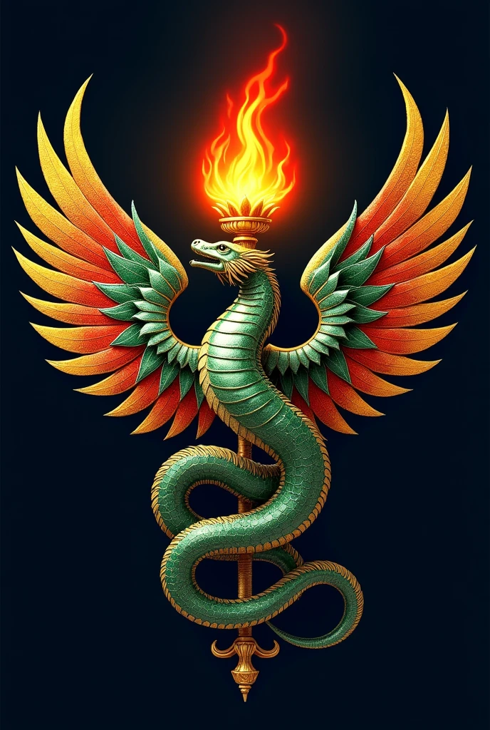 Make a simple crest of a snake with wings in front of a flaming cup