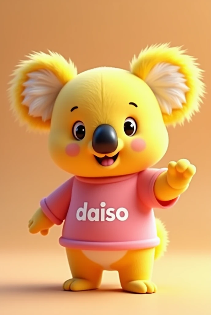 Create both a 3D render and a 2D illustration of a cute and cheerful yellow koala mascot for a store named 'Daiso'. The koala should have large, expressive eyes and a friendly smile. In both versions, it should be wearing a pink shirt with the hex color code #9e0d5c, and the 'Daiso' logo in bold white letters prominently displayed on the front. I am providing the Daiso logo as an image reference to ensure accuracy and consistency. The 3D model should have a soft, plush texture to appear huggable and inviting, with rounded, smooth features, and vibrant colors. The 2D illustration should be cartoonish with rounded features, vibrant colors, and a simple, playful design. The 3D version should have soft, even lighting to create a warm and welcoming atmosphere, while the 2D version should have a clean, simple background to keep the focus on the mascot. Ensure both versions maintain a consistent style and color palette, making the koala appear equally charming and approachable in both dimensions.