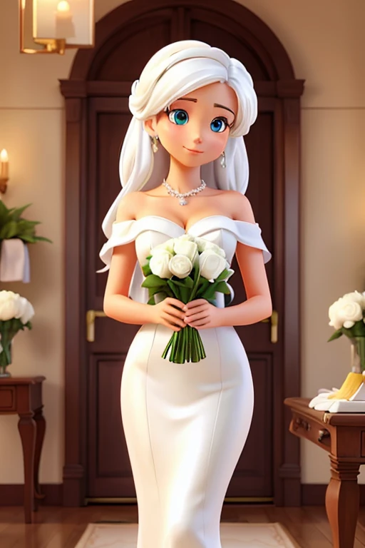 Beautiful woman with a bouquet of white roses
