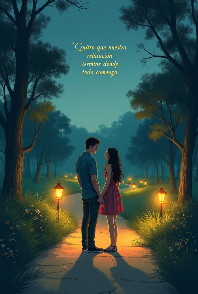 Can you generate an image based on the following phrase, and have it written in Spanish on the image?:
I want our relationship to end where it all began