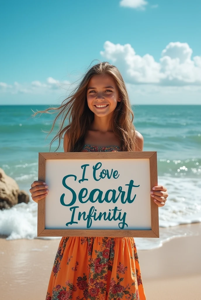 Beautiful girl with wavy long hair, bohemian dress, holding a white board with text "I Love Seaart Infinity" and showing it to the viewer