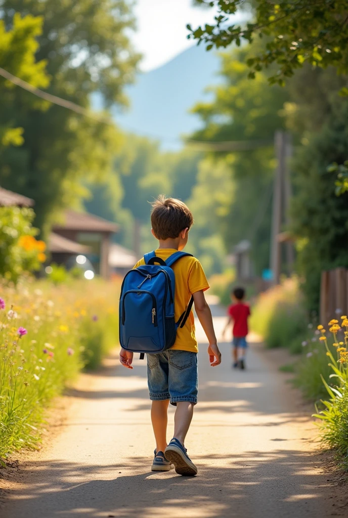 At  boy going to school with a bag blue colour bag on his back watching many people land making friends of his age by making handshake with them
Going on a beautiful village road surrounded with beautiful environment also