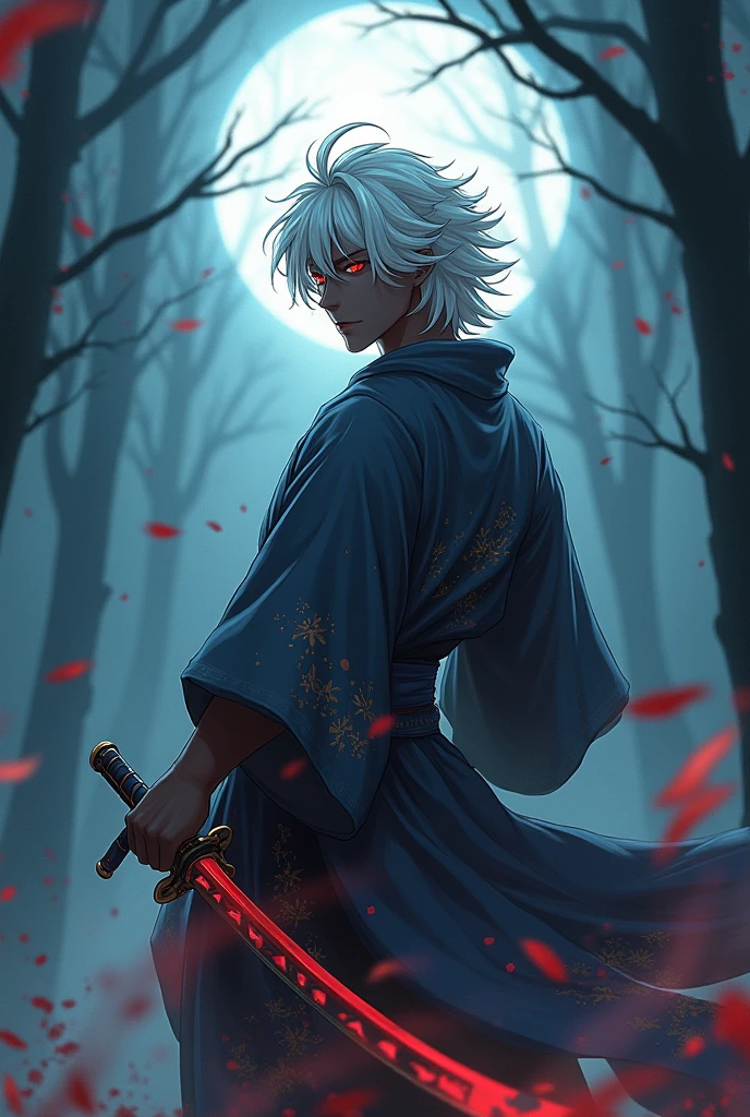 Male character from the anime Demon Slayer, White hair, Eyes red, skin black, half red nichirin sword, full body kimono robe 