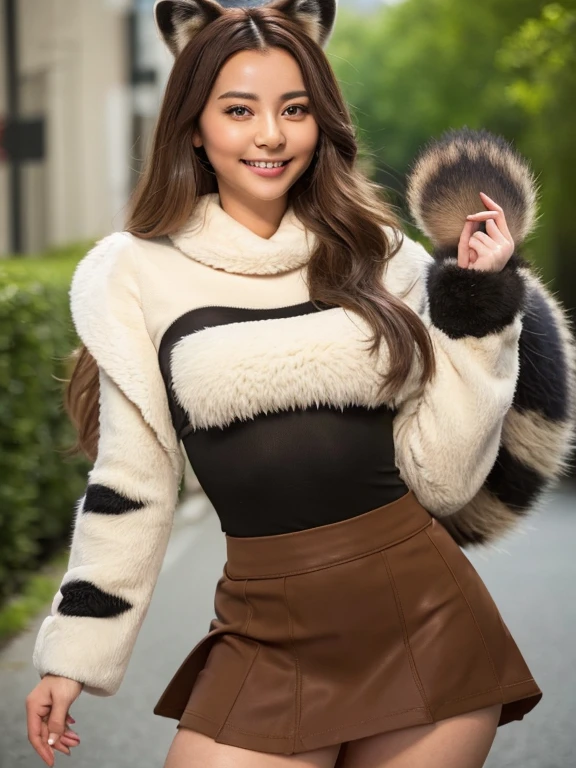 ((Highest quality, 8k)), ((masterpiece)), (Highest Resolution), Perfect Face, Woman with raccoon ears, Female college student, Beautiful woman, public, One tail, she has thick thighs, Big raccoon tail, She has a brown raccoon tail, She wags her tail, Smiling with teeth showing, Fur collar, she is wearing a short skirt, Beautiful Hips , Raccoon tail sticking out of panties